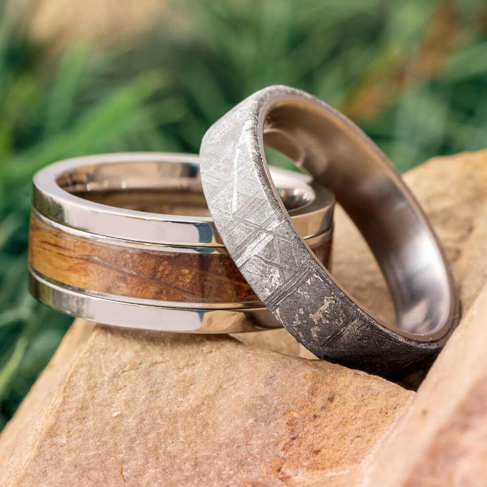 Titanium ring set with whiskey barrel oak and meteorite inlays