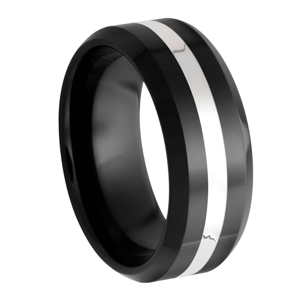 Black Ceramic Wedding Band with Silver Pinstripe