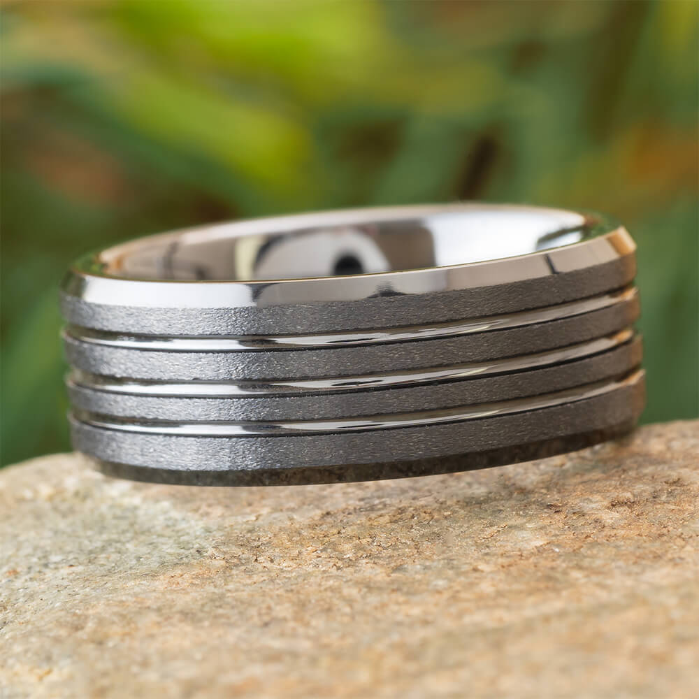 Black Ceramic Wedding Band with Grooved Profile