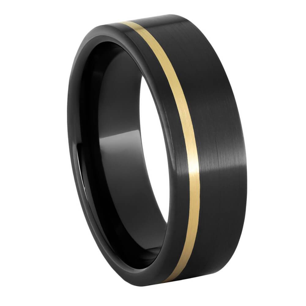 Black Ceramic Wedding Band with Gold Pinstripe