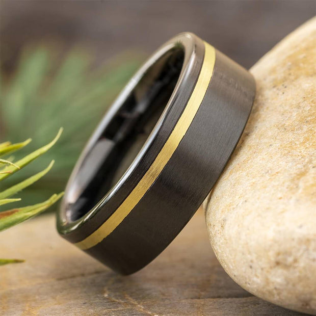 Black Ceramic Wedding Band with Gold Pinstripe