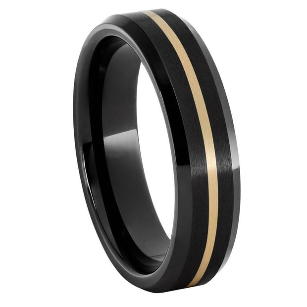 Black ceramic ring with yellow gold pinstripe