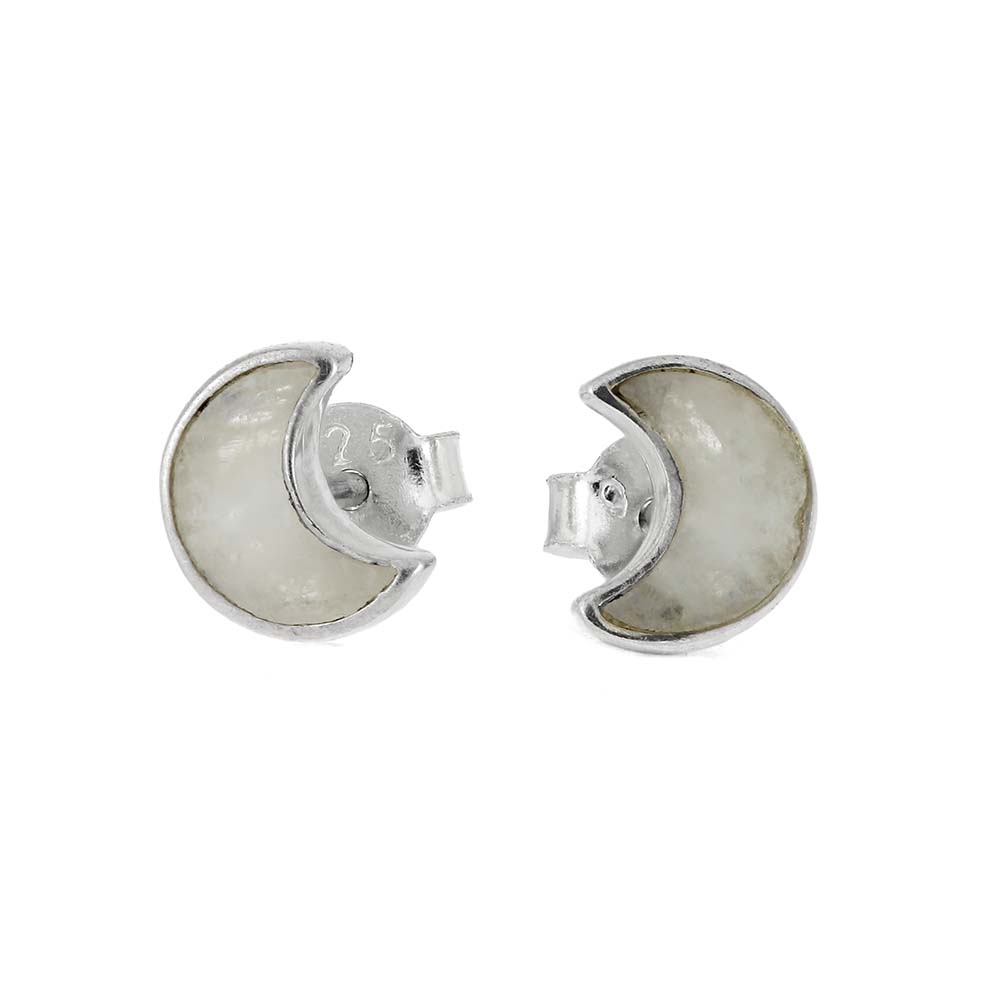 Silver crescent moon earrings on a white background