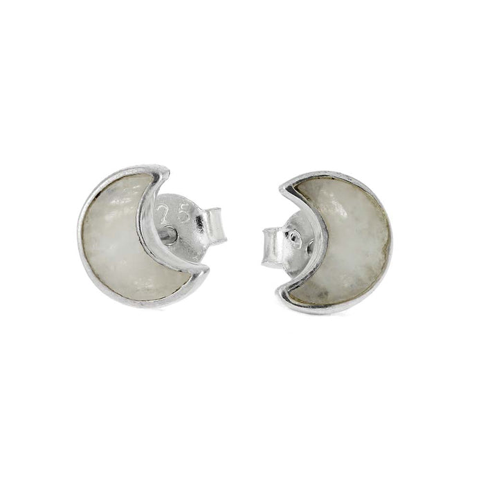 Silver crescent moon earrings on a white background