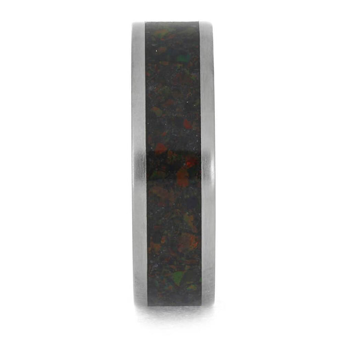 Side view of dark opal inlay wedding band