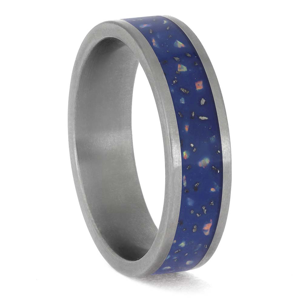 Blue Meteorite and Opal Wedding Band