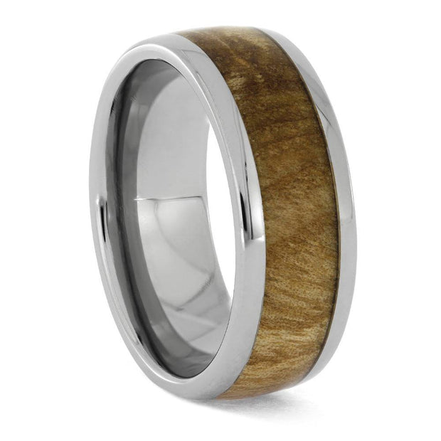 Black ash burl wood men's wedding band in titanium