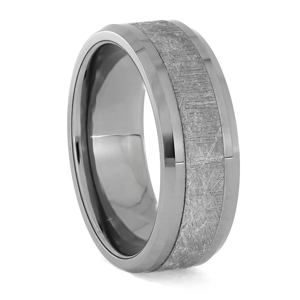 Beveled tungsten ring with Gibeon meteorite inlay
