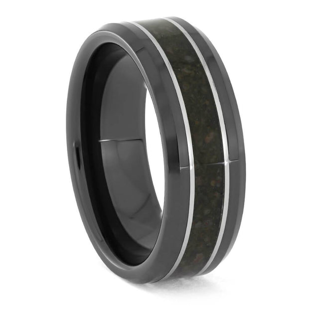 Black ring with crushed dinosaur bone and titanium pinstripes