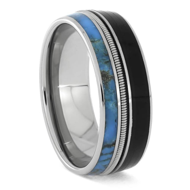 Vinyl record wedding band with turquoise and guitar string inlay