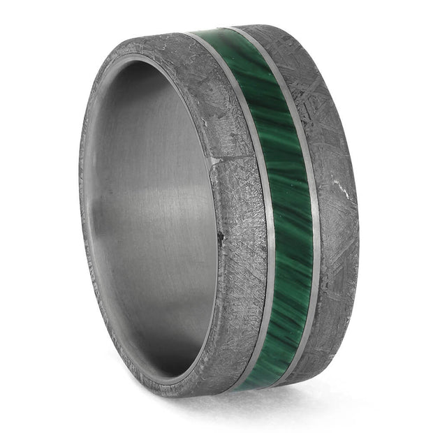Green Malachite and Meteorite Wedding Band