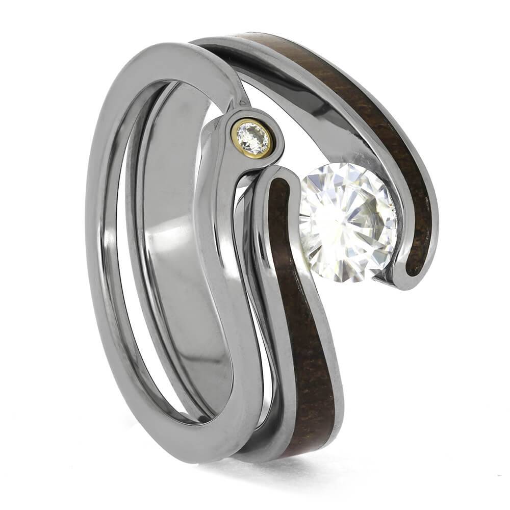 Moissanite and Koa wedding ring set with titanium bands