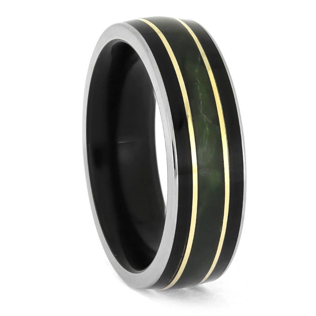 African Blackwood and Jade Wedding Band with gold pinstripes