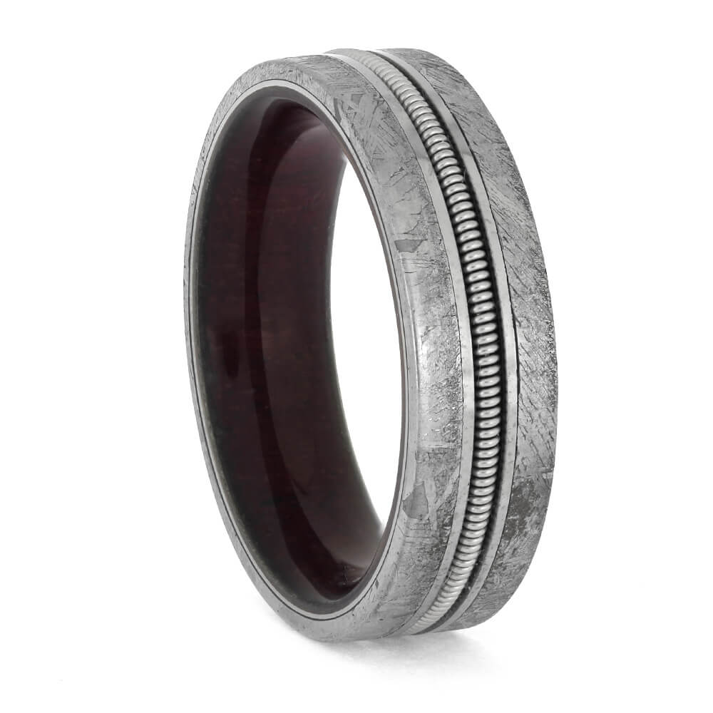 Guitar string ring with meteorite and purple heart wood