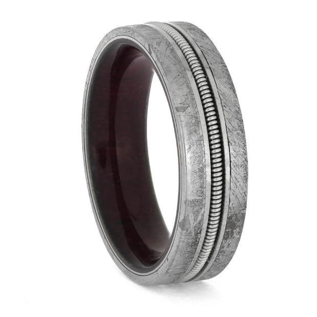Guitar string ring with meteorite and purple heart wood