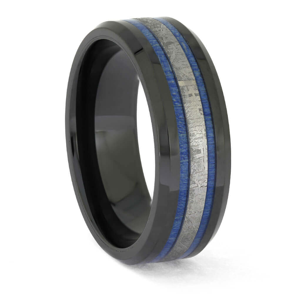 Blue and Black Wedding Band with Meteorite