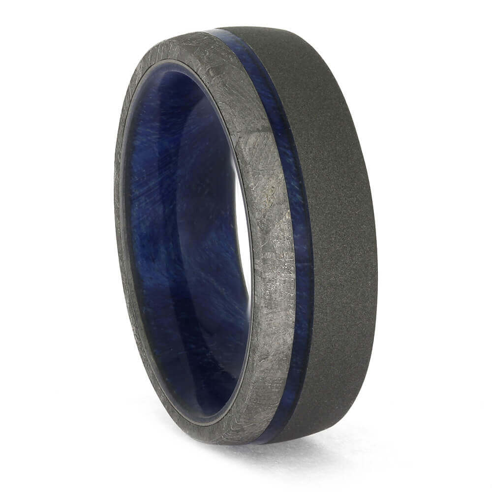 Titanium and Blue Wood Wedding Band with Meteorite