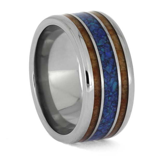 Opal and Sequoia Redwood wedding band in titanium