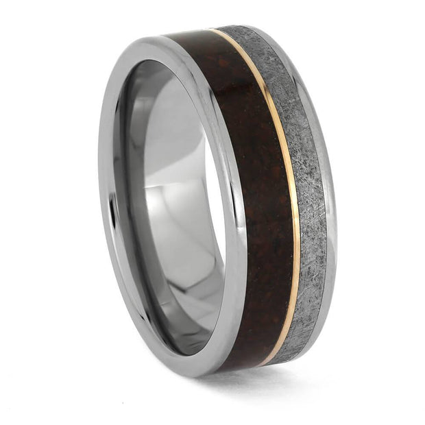 Titanium ring with meteorite and dino bone inlays, rose pinstripe
