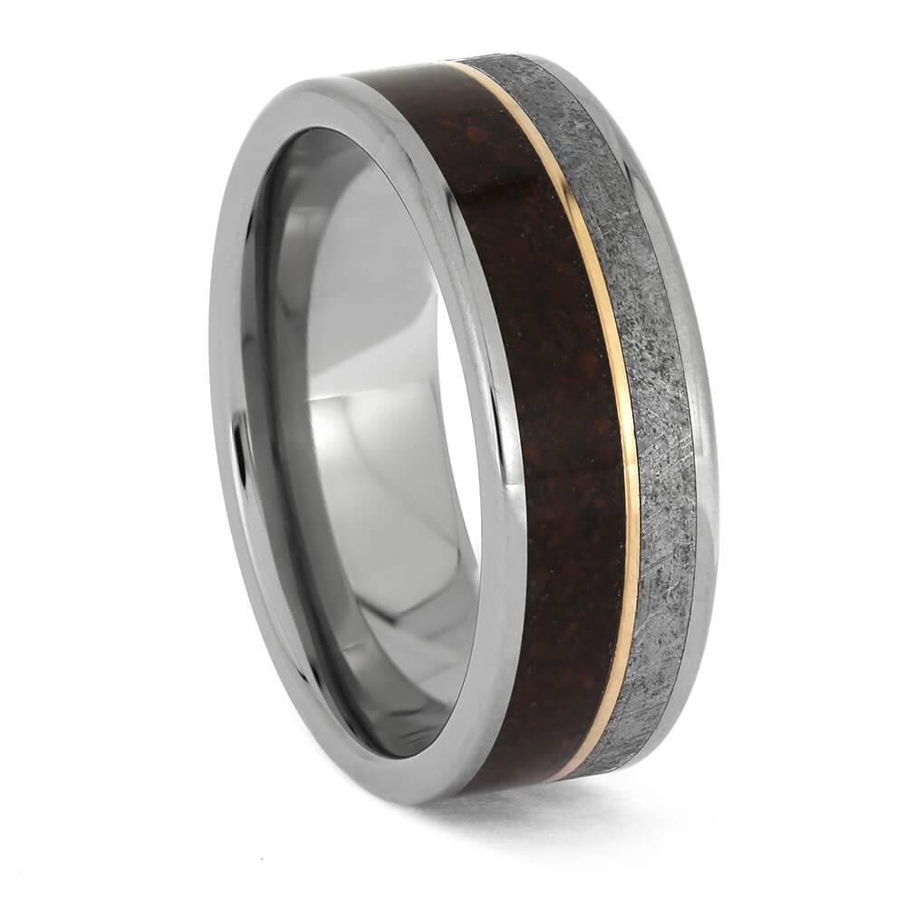 Titanium ring with meteorite and dino bone inlays, rose pinstripe