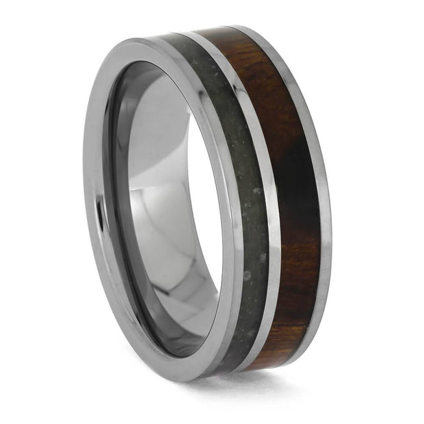 Tungsten ring with ironwood and obsidian inlays, flat profile