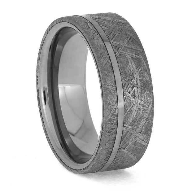 Rugged meteorite and tungsten men's ring, flat profile