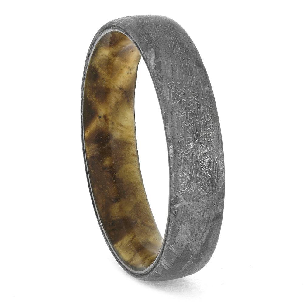 Rounded meteorite ring with burl wood interior