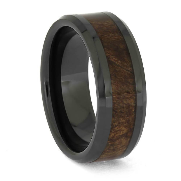 Redwood Burl Wedding Band with black ceramic and polished beveled edges. 8mm wide men's ring with a nature-inspired wood inlay design.