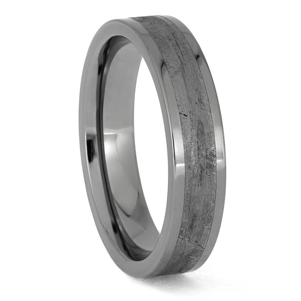 Unique meteorite inlay wedding band, flat-profile design.
