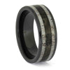 Men's antler wedding band with camo inlay and black ceramic base, featuring a polished beveled profile. Unique ring for outdoor enthusiasts.