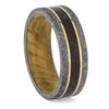Wood-sleeved ring featuring dinosaur bone and Gibeon meteorite with rose gold pinstripes. Unique men's wedding band with ash burl wood interior.
