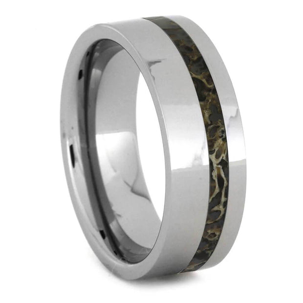 Dinosaur Bone in Tungsten Ring - Unique & Polished 8mm wedding band with dark brown fossil inlay and high-shine finish for men.