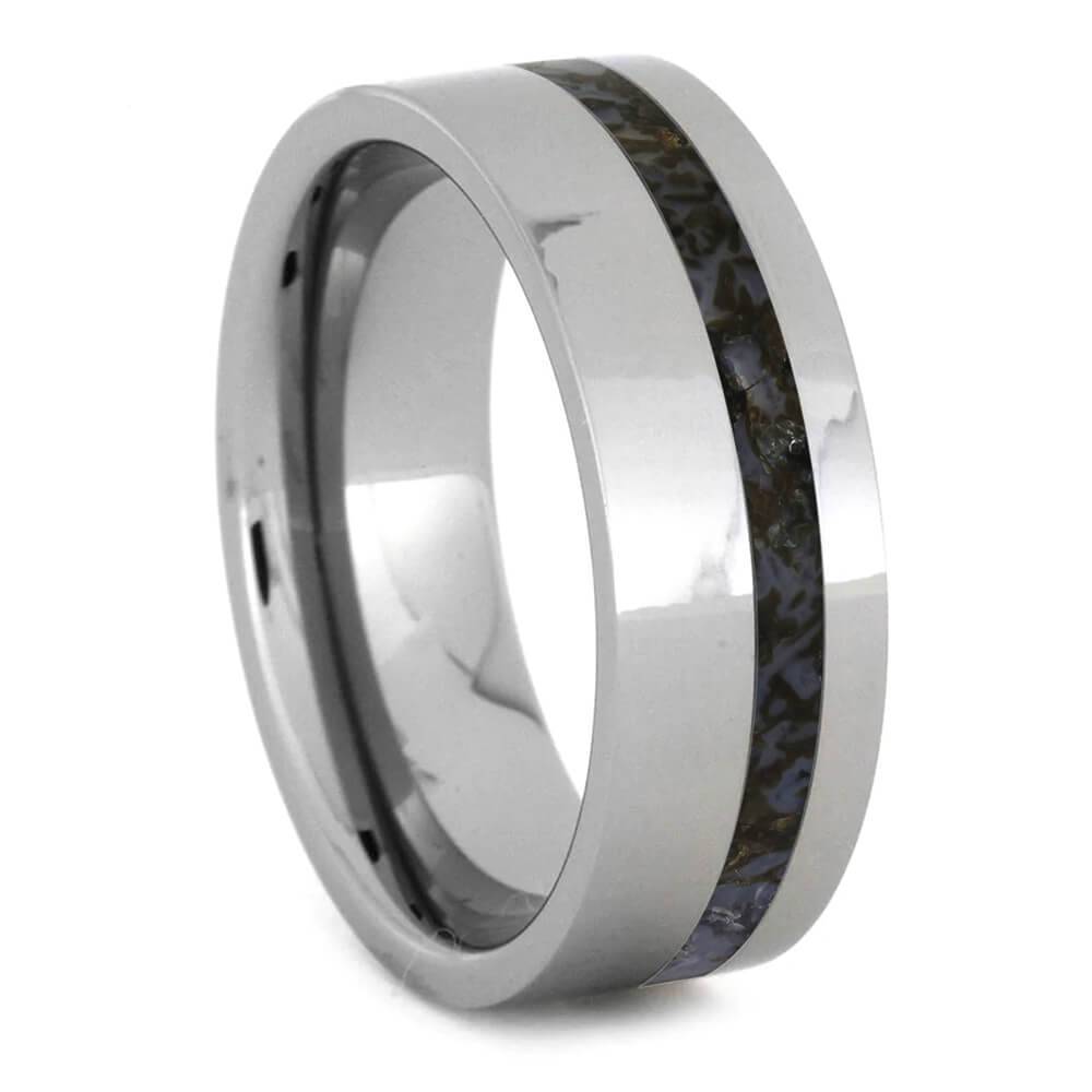 Dinosaur Bone in Tungsten Ring - Unique & Polished men's wedding band featuring a rare bluish fossil inlay and polished tungsten surface.