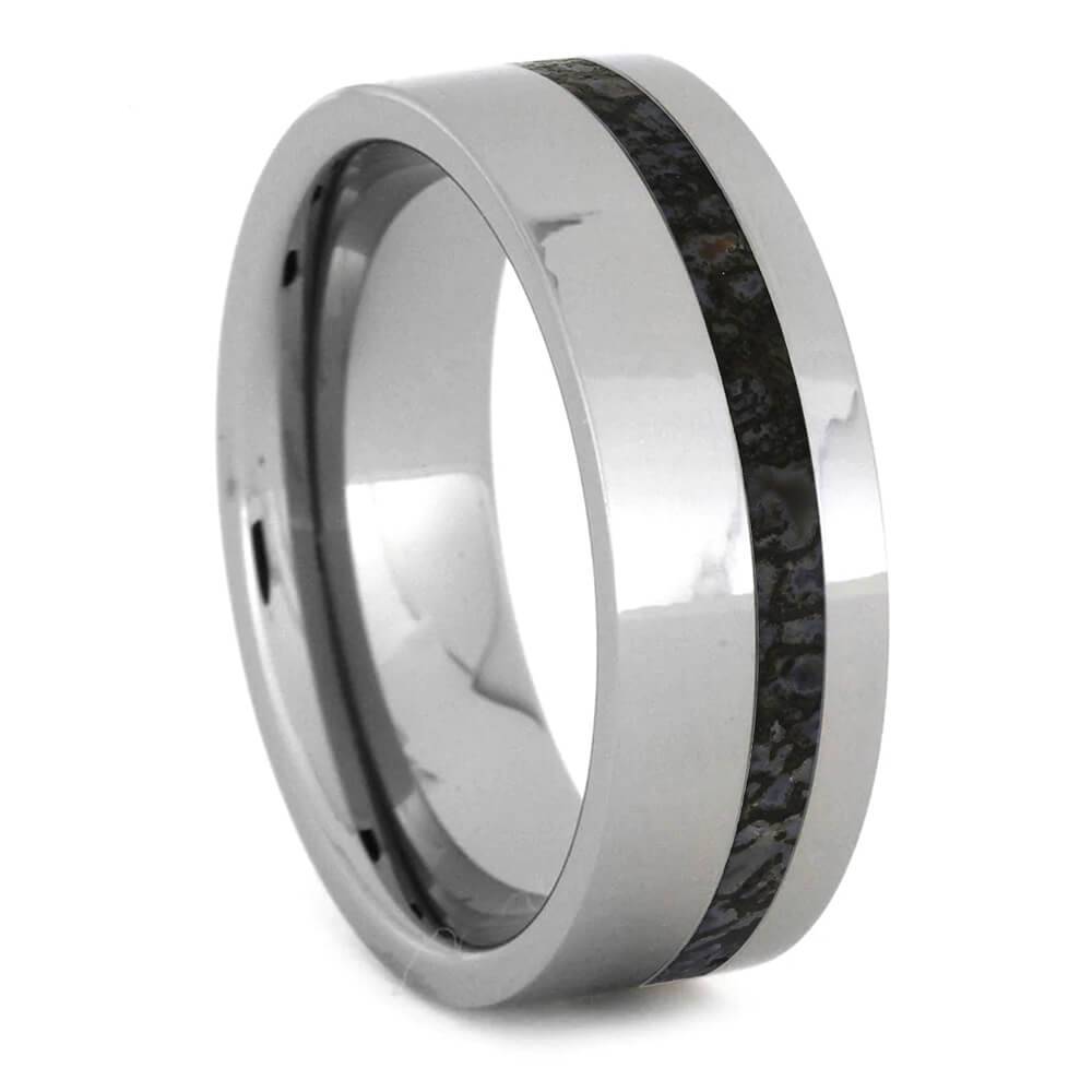 Dinosaur Bone in Tungsten Ring - Unique & Polished flat-profile tungsten ring with black fossil inlay, ideal for stylish wedding bands.