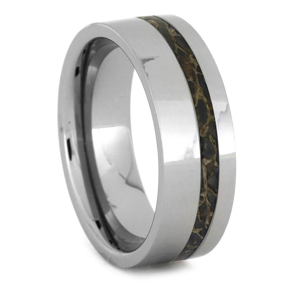Dinosaur Bone in Tungsten Ring - Unique & Polished 8mm men's ring with golden-brown dinosaur bone inlay and mirror-polished tungsten band.