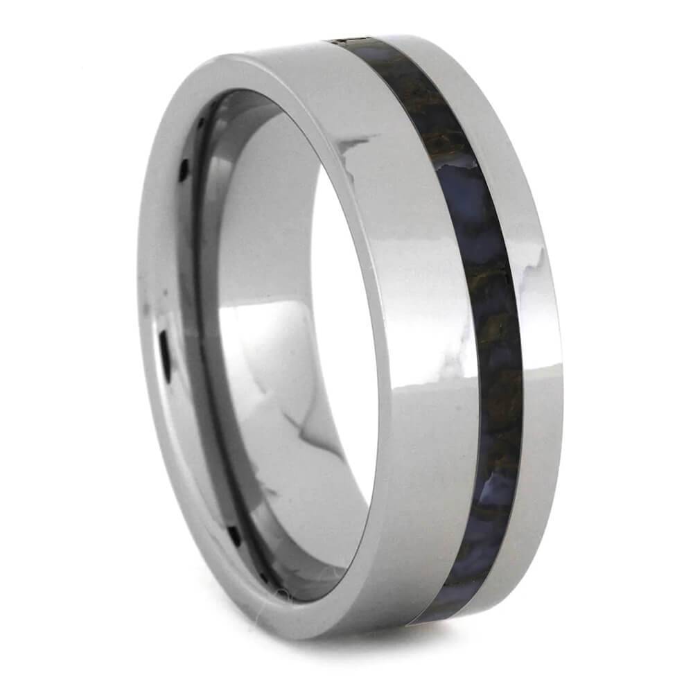 Dinosaur Bone in Tungsten Ring - Unique & Polished tungsten wedding band with deep blue and brown fossil inlay, perfect for grooms.