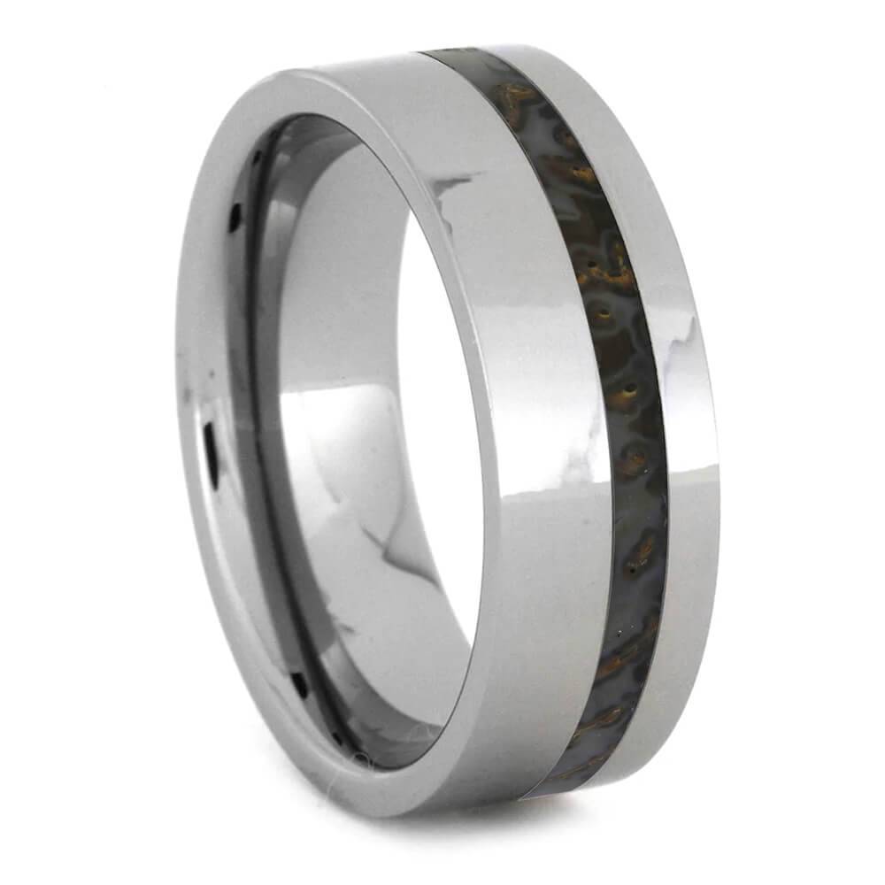 Dinosaur Bone in Tungsten Ring - Unique & Polished hypoallergenic tungsten ring with light brown fossil inlay and sleek polished finish.