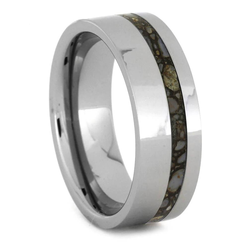 Dinosaur Bone in Tungsten Ring - Unique & Polished men's wedding band featuring a rare tan and brown fossil inlay in a polished tungsten setting.