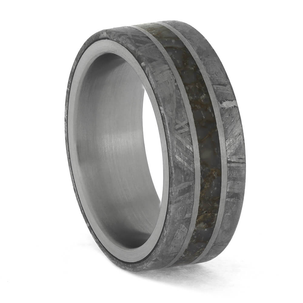 Titanium band with dinosaur bone and meteorite inlay