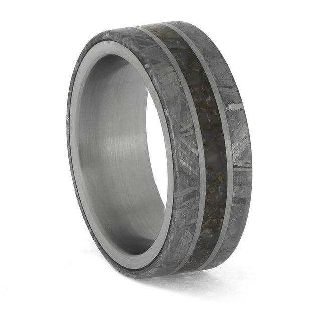 Titanium band with dinosaur bone and meteorite inlay
