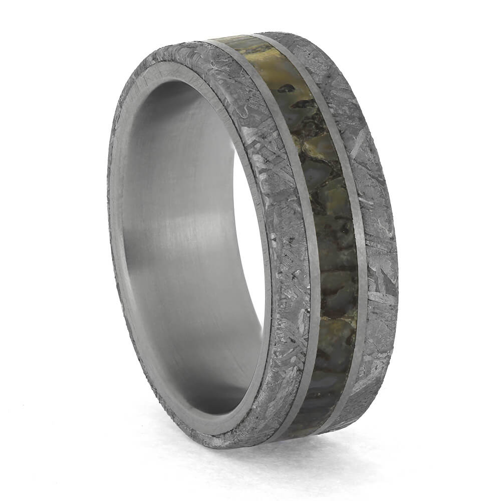 Premium ring featuring meteorite and dinosaur bone