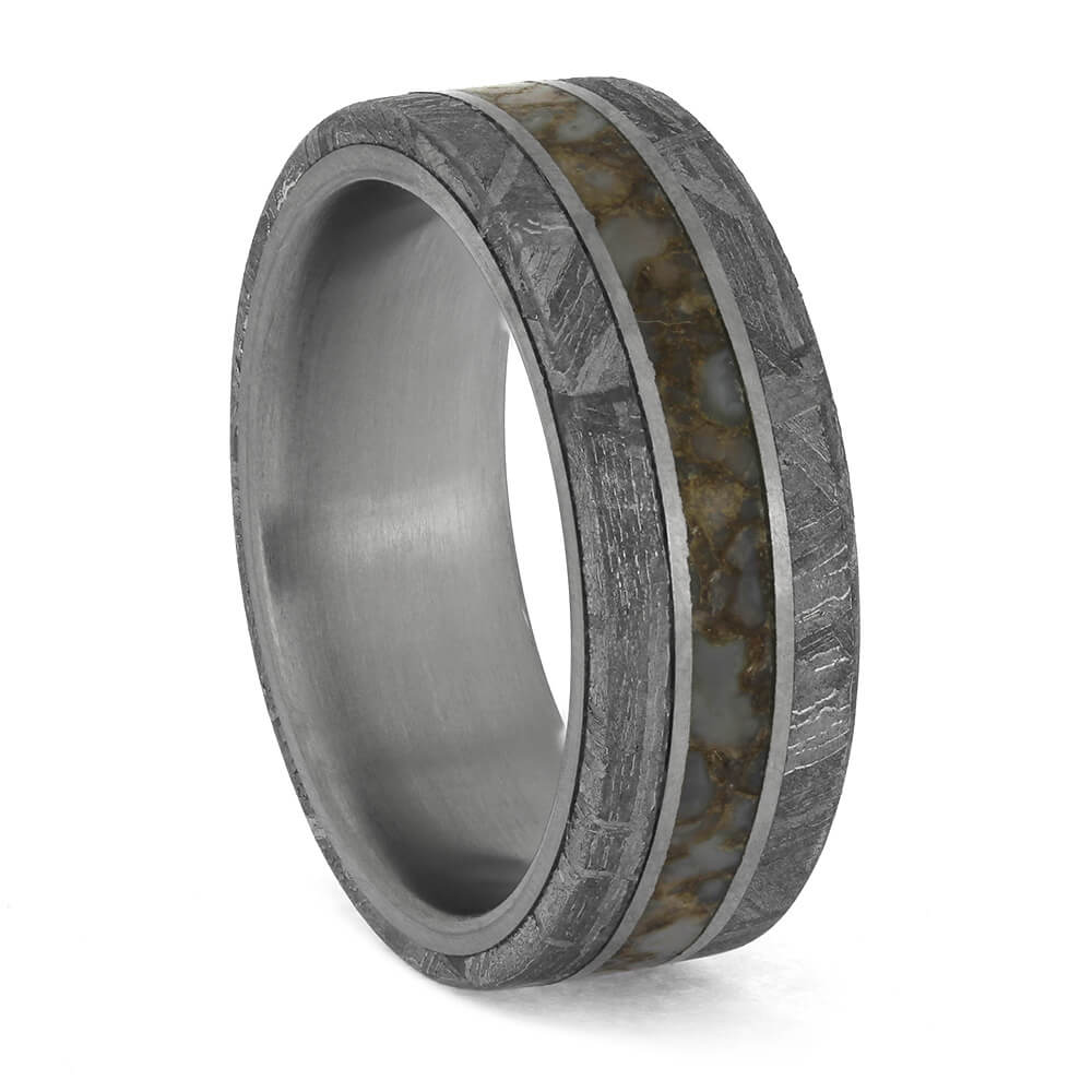 Unique wedding band with dinosaur bone and meteorite