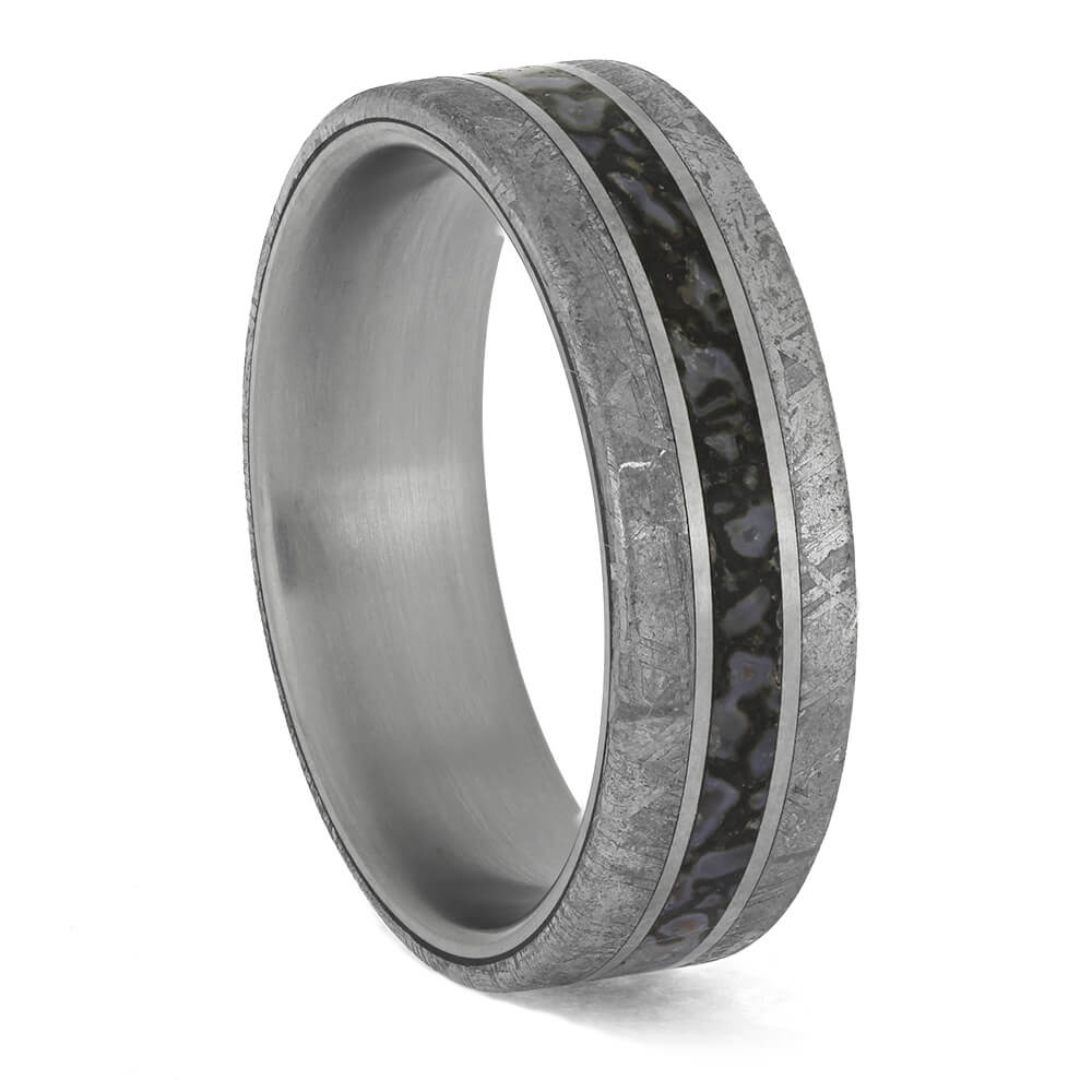Dinosaur bone and meteorite inlay on titanium band