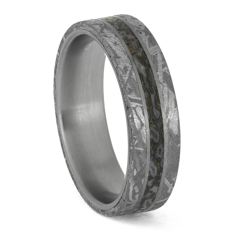 Meteorite and dinosaur bone ring on titanium band