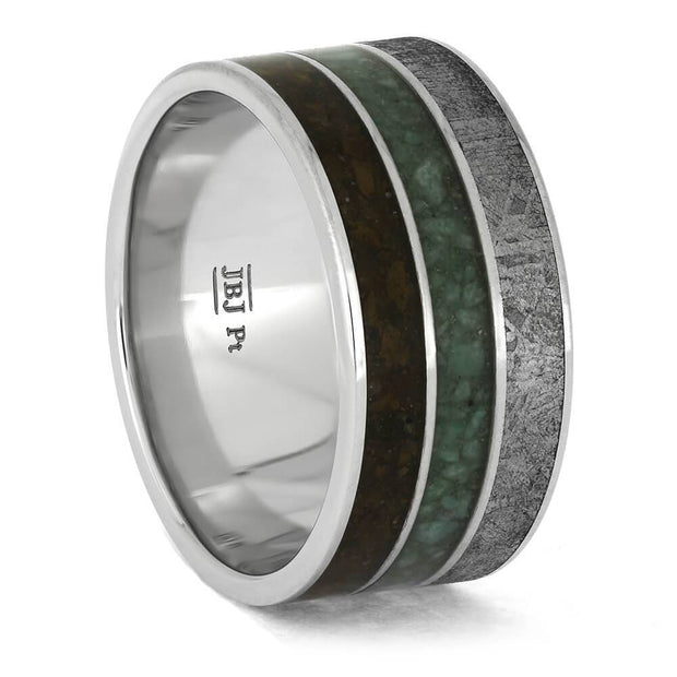 Platinum band with chrysocolla, meteorite, and dinosaur bone inlays.