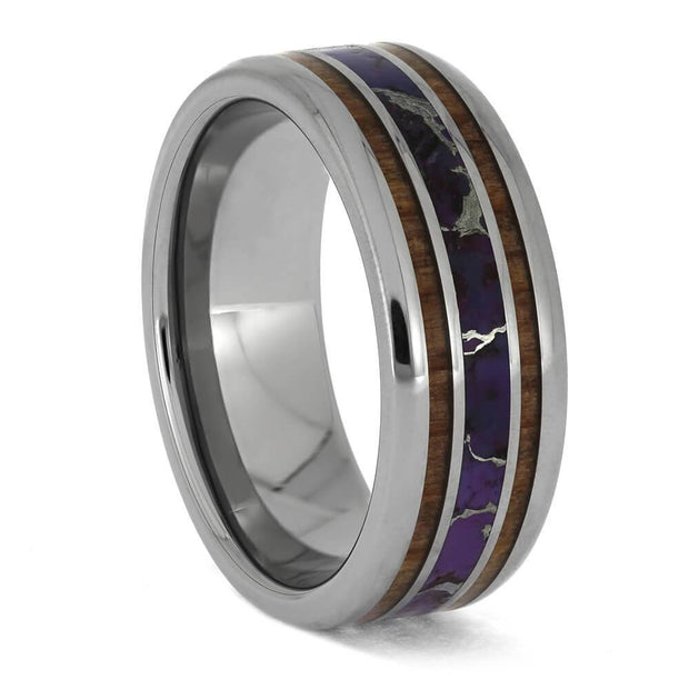 Titanium ring with lightning turquoise and wood inlay