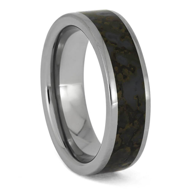 Titanium ring with dinosaur bone inlay, polished finish