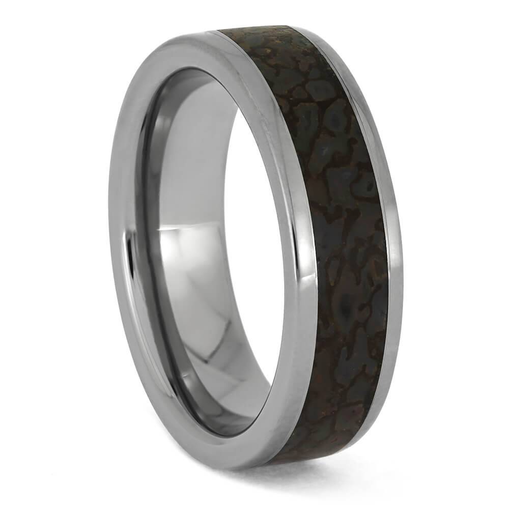 Polished titanium ring with dinosaur bone inlay