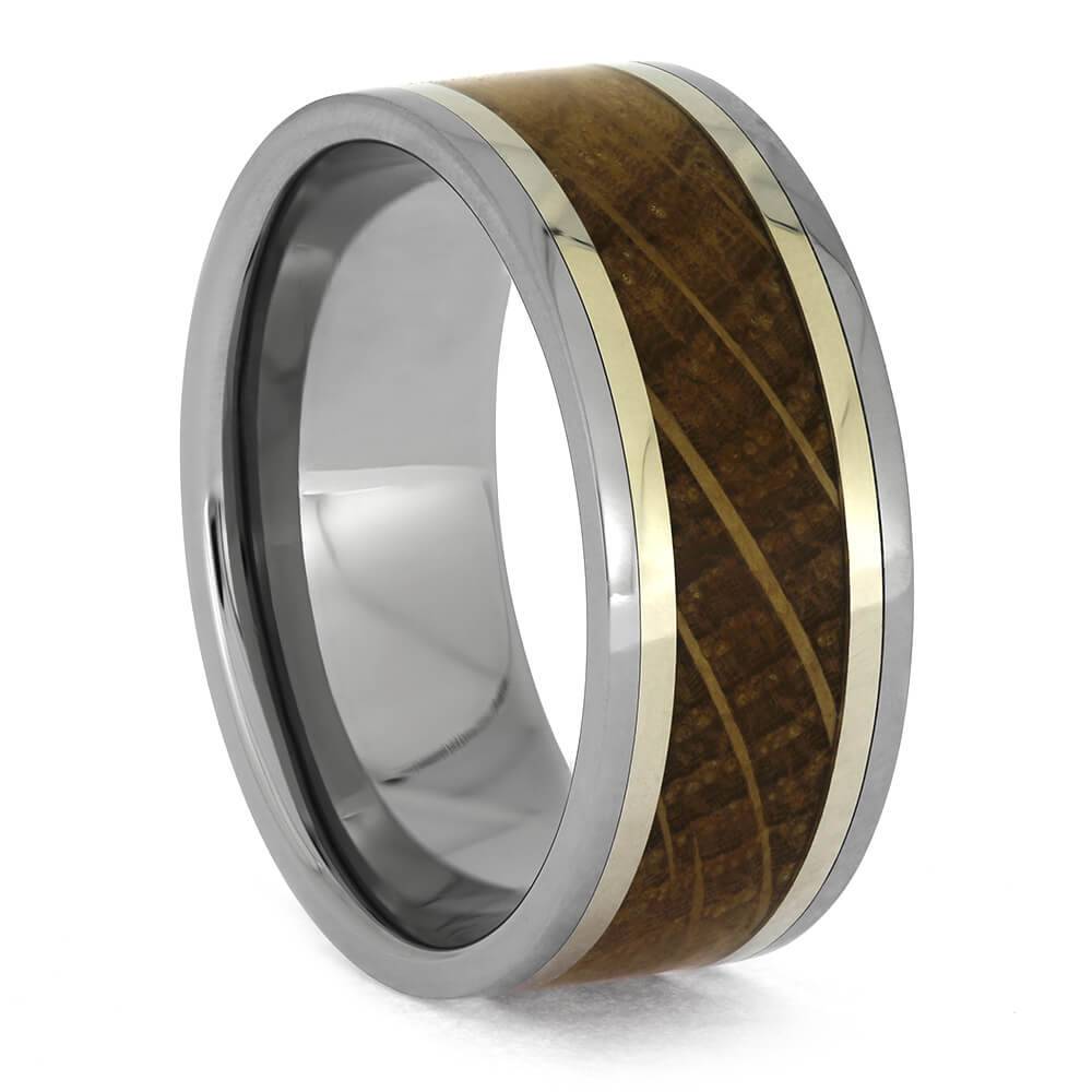 Whiskey Barrel Wood Ring - Titanium with Gold Pinstripes | Jewelry By Johan