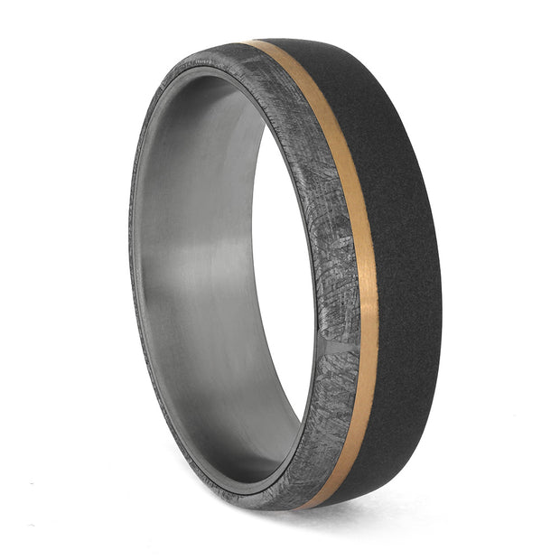 Rose gold pinstripe meteorite ring with sandblasted titanium